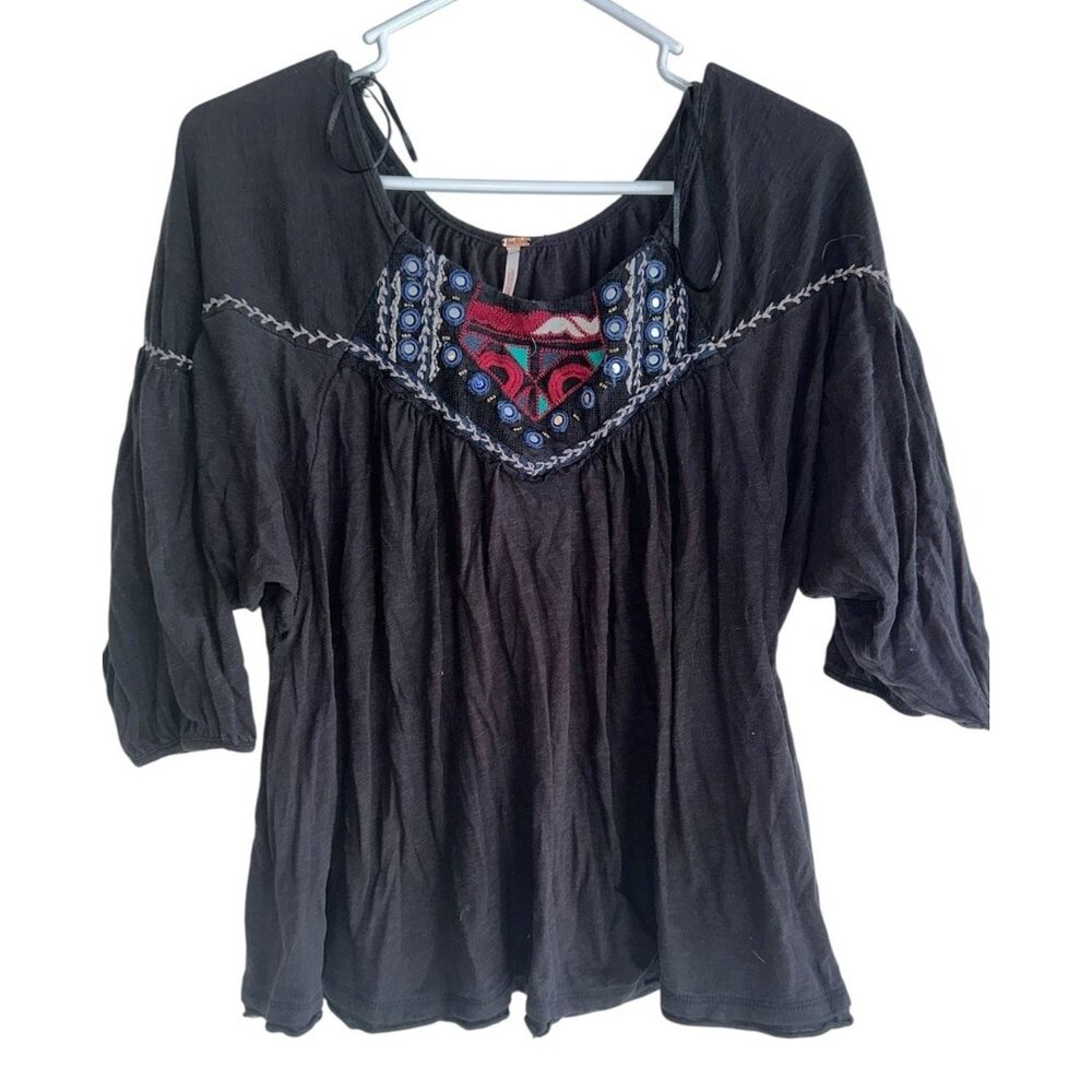Free People Embroidered Beaded Peasant Top Sz M Black Half Sleeve Relaxed Boho